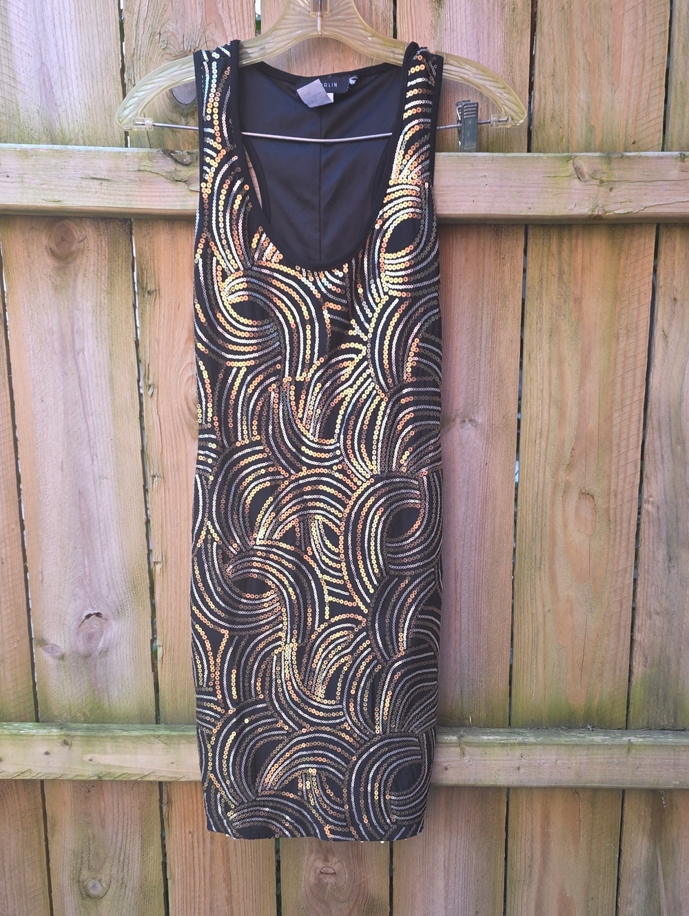 B Darlin Black Dress with Gold Sequin Swirl Detailing